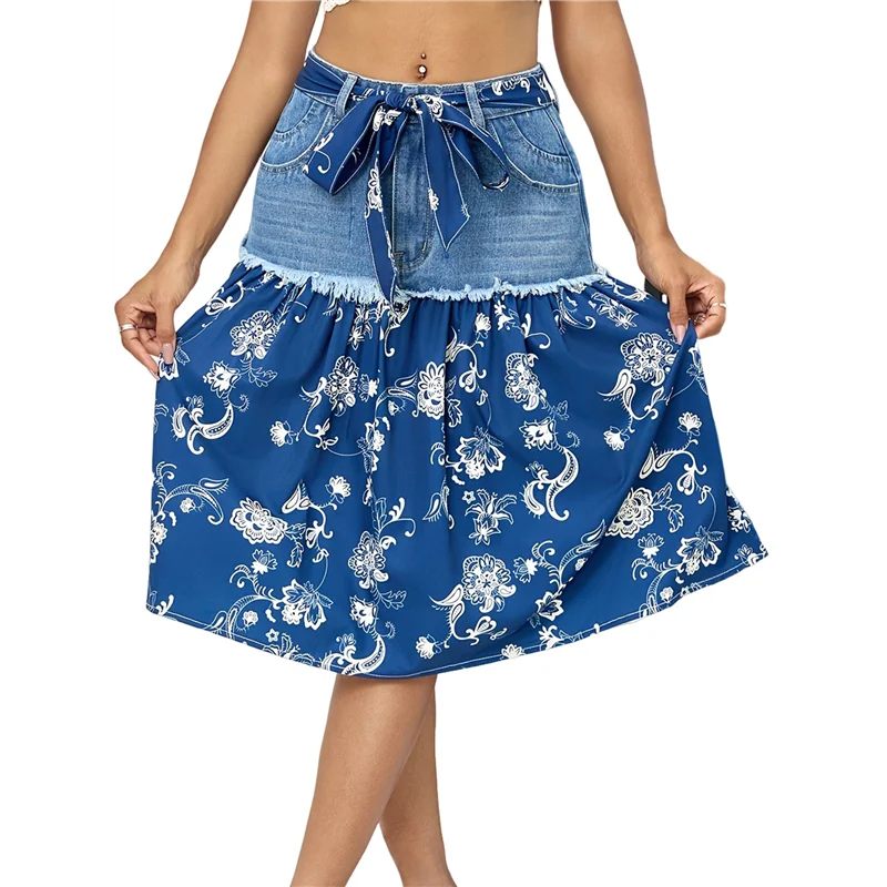 

CGS-Women's Casual Tie Denim Skirt Chiffon Long Skirt Bohemian Style Floral Umbrella Skirt