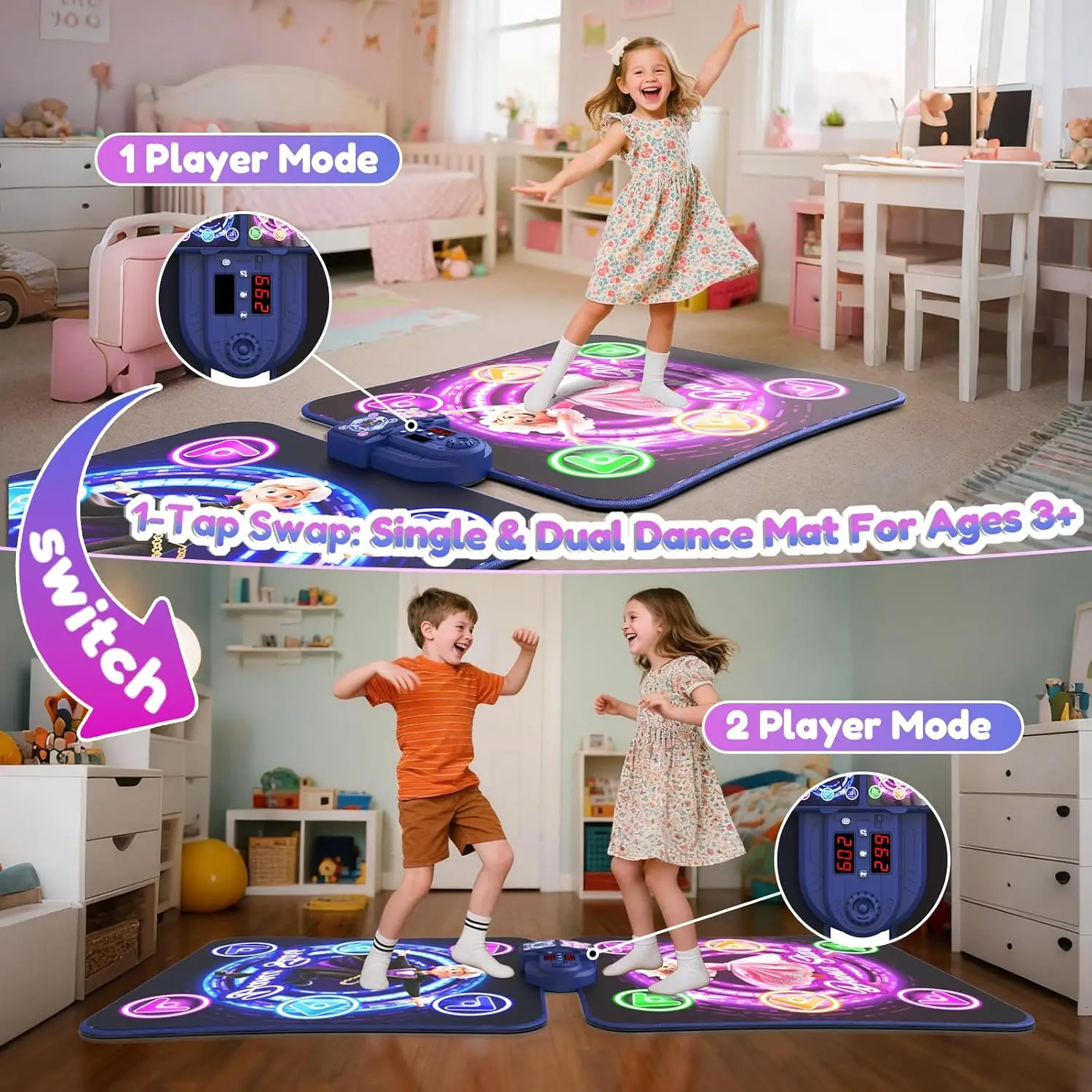 TooLion Double Dance Mat for Kids 3-12 - Dance Pad with Light-Up 12 Buttons,5 Game Modes,Touch-Sensitive & Built-in Music & Adju