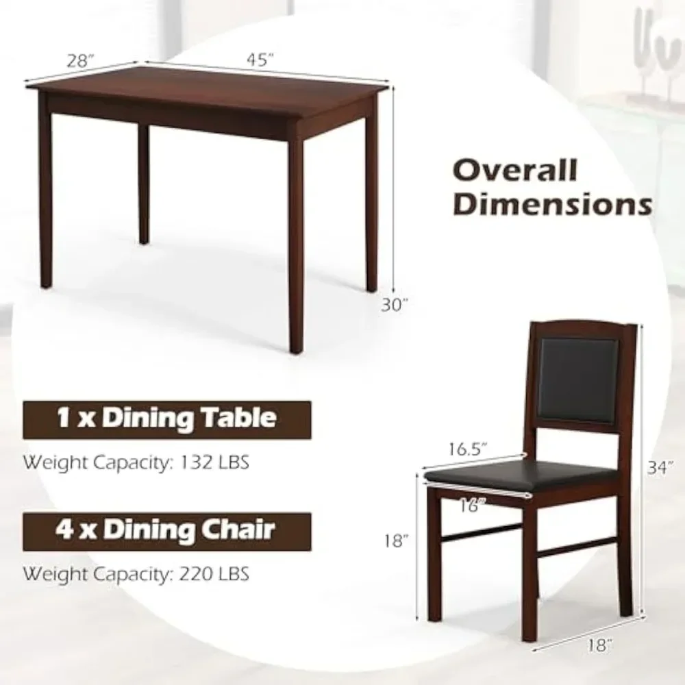 Juego de mesa de comedor de granja para 4, juego de comedor de madera maciza con patas de madera de caucho, asiento tapizado y respaldo acolchado