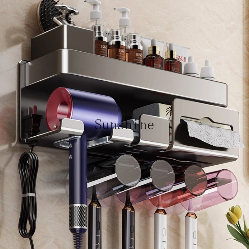 Toothbrush shelf storage, bathroom wall-mounted multi-functional tooth cup hair dryer, integrated storage