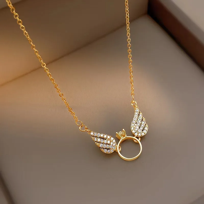 

AU750 zircon small wings 999 24K real gold circle pendant necklace for women Instagram niche collarbone necklace