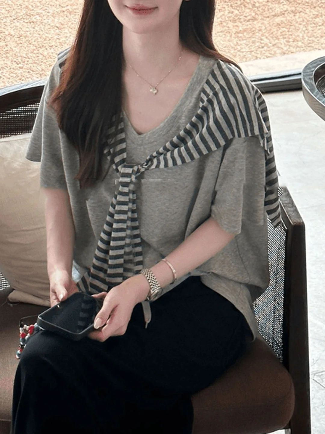 Korean Style Casual Striped Shoulder Wrap Short Sleeve T-Shirt Women Summer Lazy Loose Slimming Fashion Casual Top