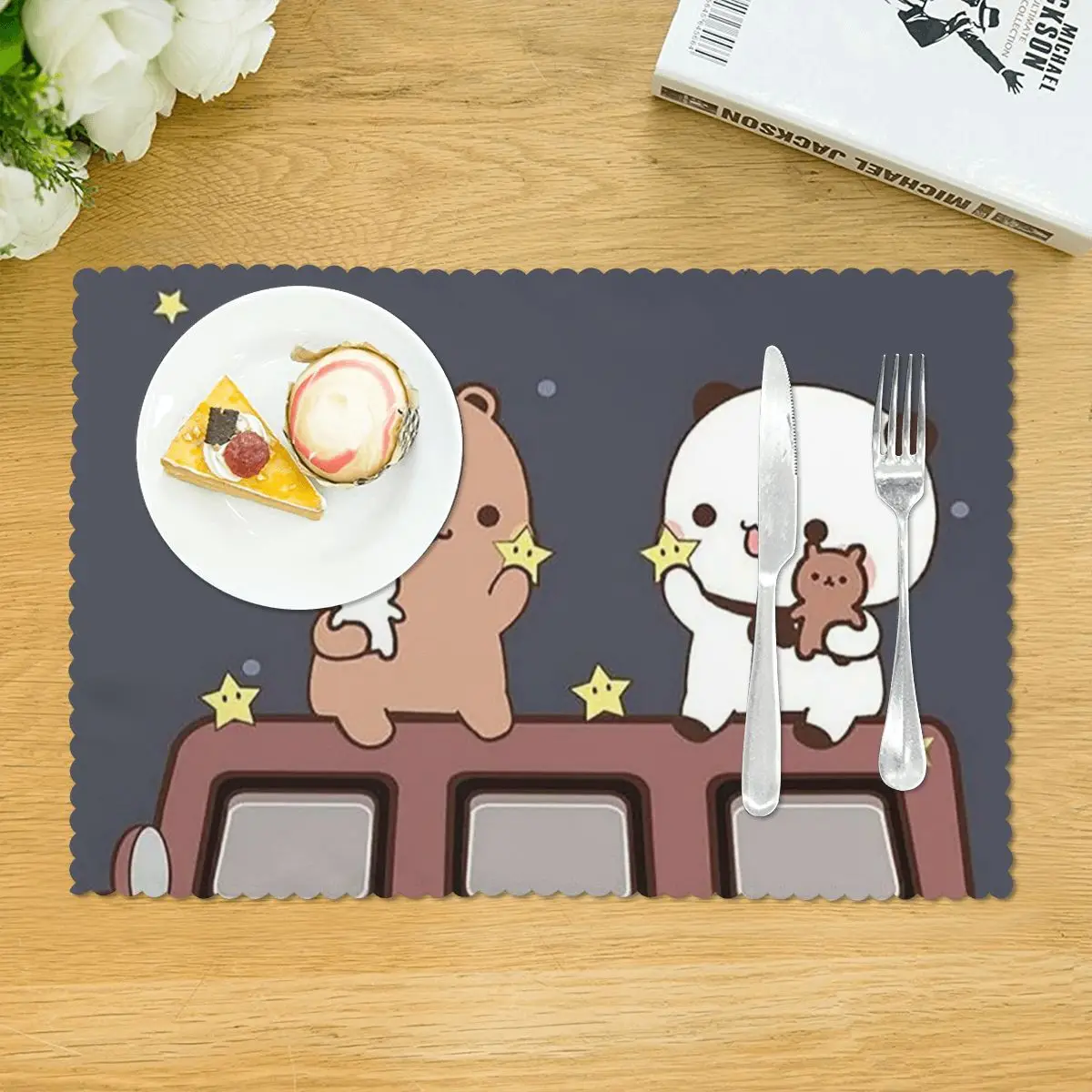 Bubu And Dudu Watching The Moon Togethe Placemat Washable Plate Mat for Dining Table Bowl Coaster Home Decor Absorbent Mats