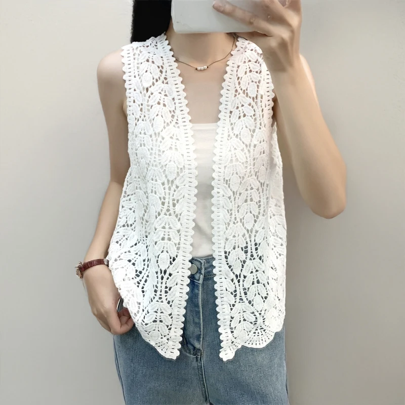 Dames gehaakt vest met open voorkant Boho chic borduurwerk kant lichtgewicht opengewerkte trui vest top zomervakantie strandoutfit
