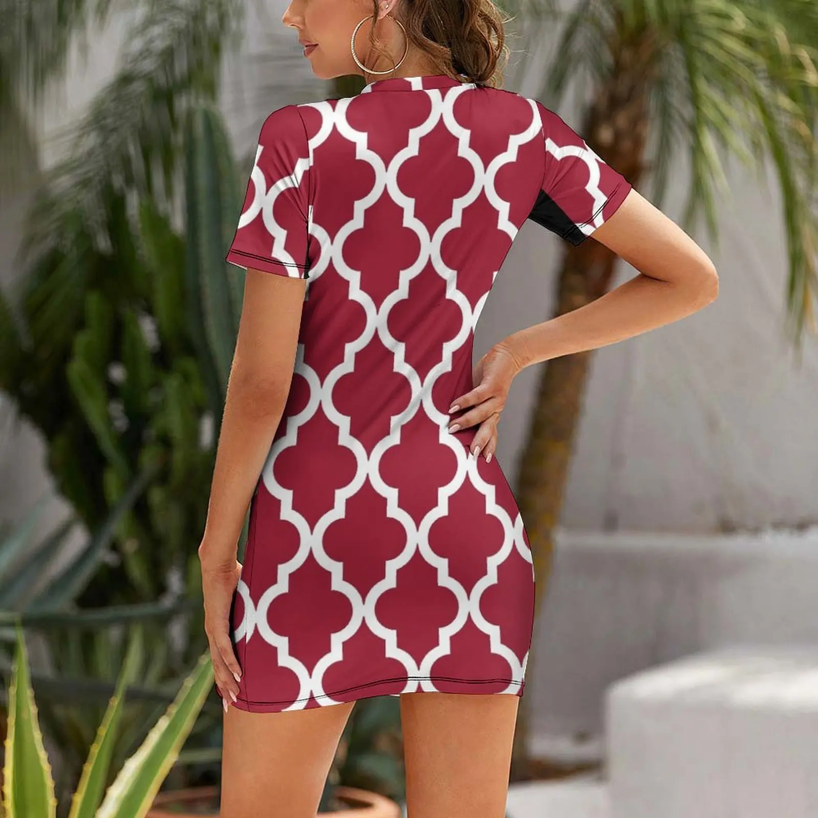 Crimson Red Moroccan Pattern Short Sleeved Dress Dress women dresses ladies 2024 summer prom dresses