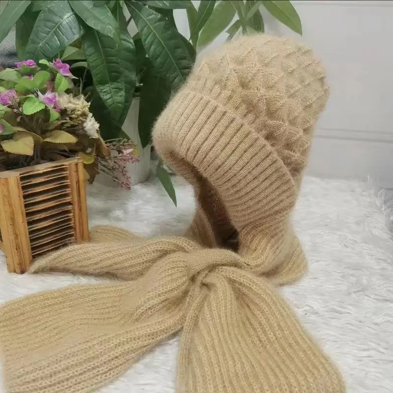 Squirrel Velvet Double Layer Knitted Phoenix Tail Flower Conjoined Scarf Wind and Snow Cap Cold Proof and Thickened
