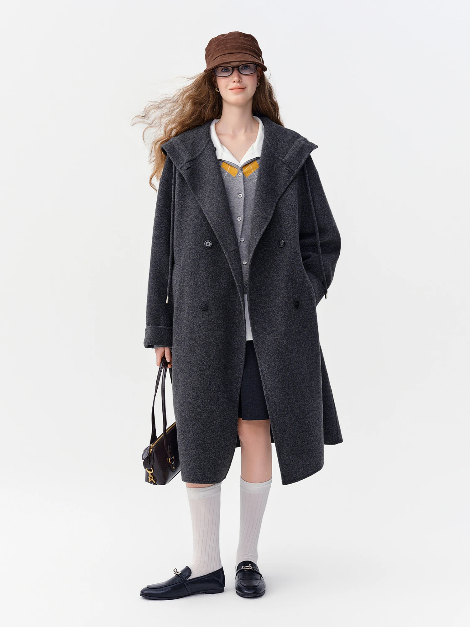 DUSHU Women's Hooded Preppy Style Casual Double-Faced Wool Coat Winter 2026 Mid-Length Solid Leisure Plus Size Clothing