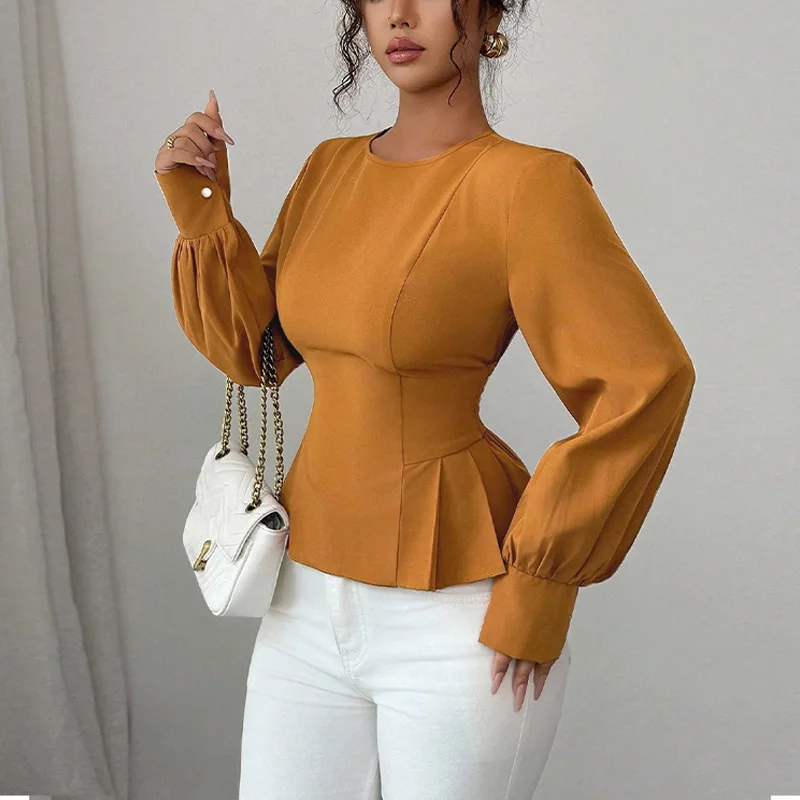 Elegant Puff Sleeve Slim Fit Blouse Solid Long Sleeve Top Autumn O Neck Shirt Women Light Brown Clothing