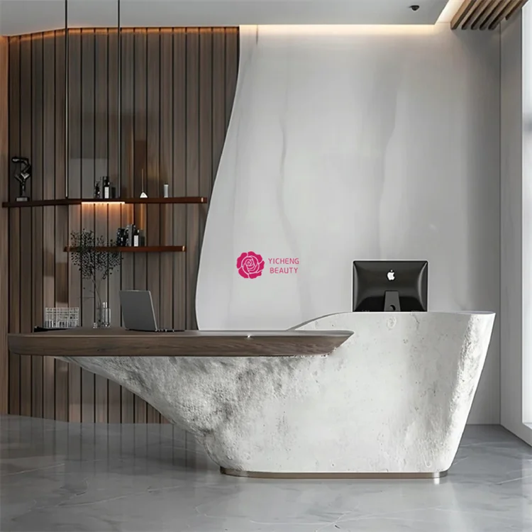 Customized.Yicheng Beauty Wholesale Modern Company Lobby Club Special Shaped Reception Desk Artificial Stone Front Desk for Sale