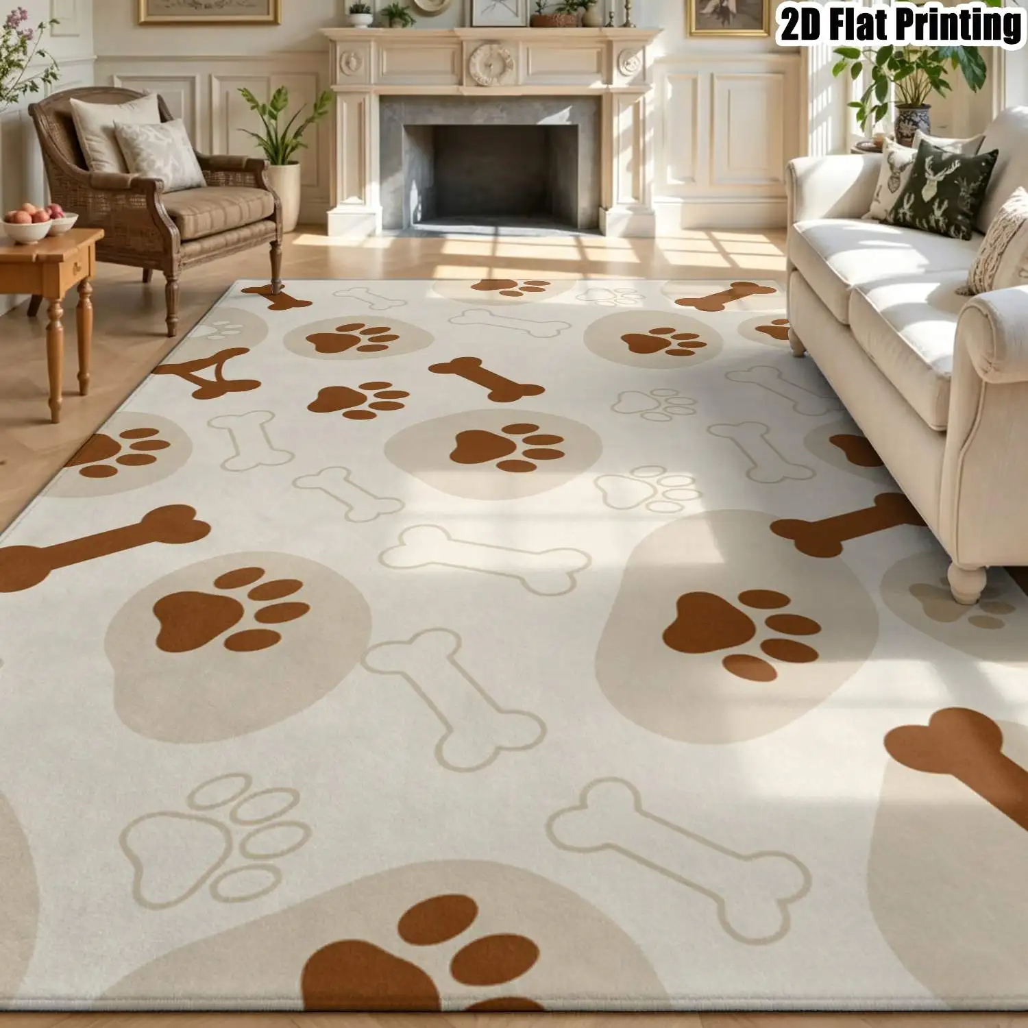 1Pc 2D Printed Beige-Brown Puppy Paw Print Nordic Carpet, Instagram-Inspired Modern Minimalist Geometric Floor Mat, Home Decor, Multi-Size, Machine Washable, for Entrance, Dining Room, Foyer, Bedroom, Living Room