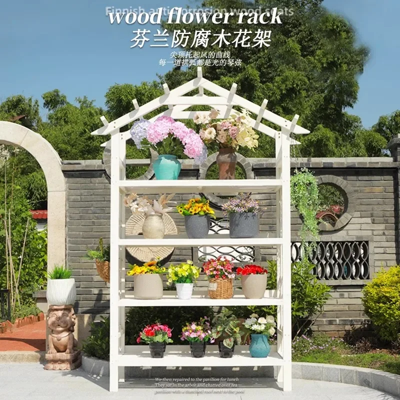 Preservative wood flower stand Outdoor courtyard Garden balcony Green plant shelf Solid wood flower pot stand Green dill succule