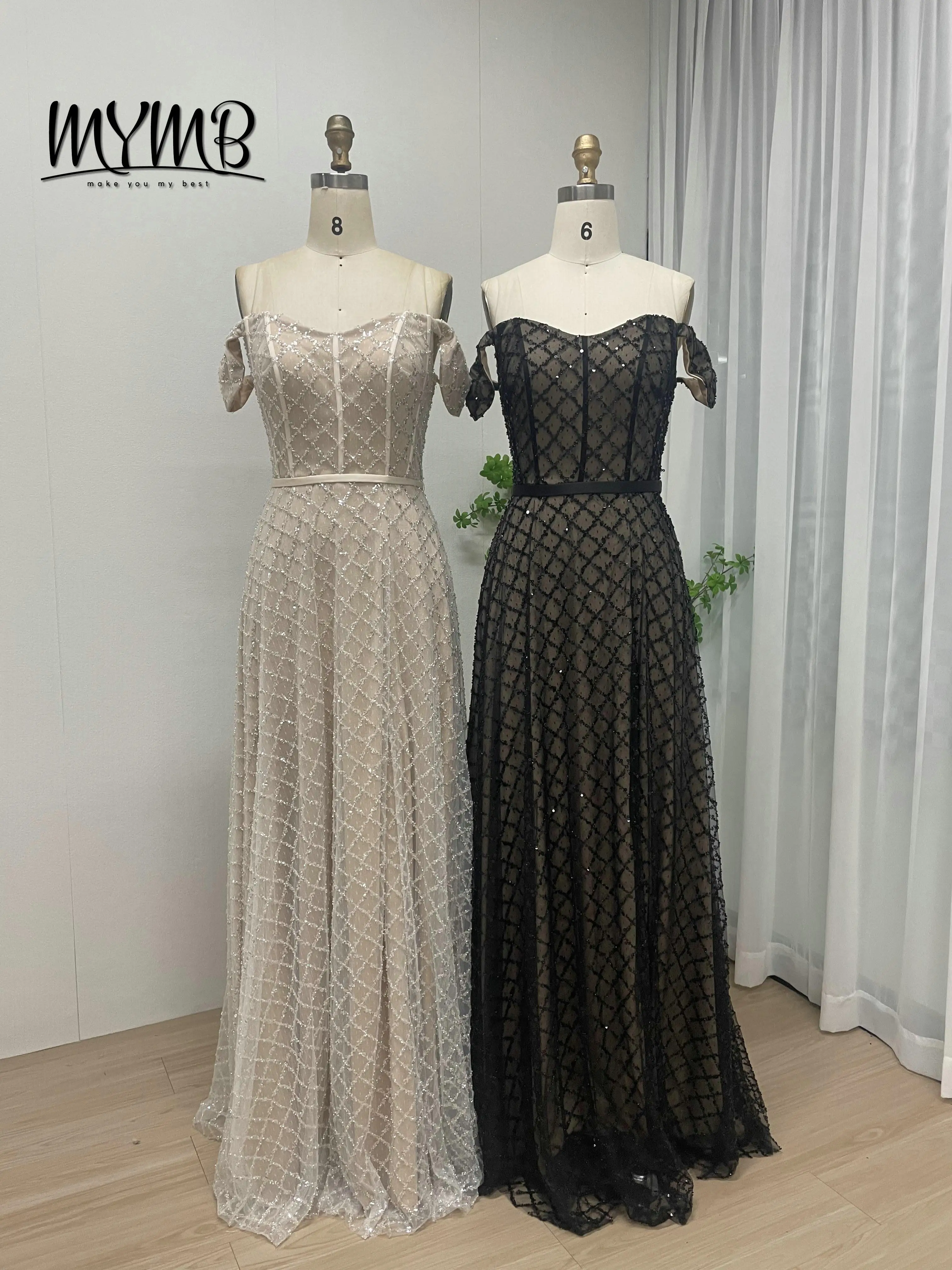 

MYMB Modest Nude Black Beaded Sequined Prom Evening Dresses Gown Off Shoulder Graceful a Line Dresses for Formal Parties MY30078