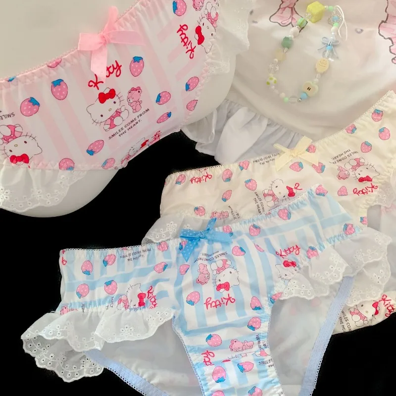 M L XL نمط الرسوم المتحركة مرحبا كيتي مثير لطيف الدانتيل وملابس داخلية حلوة لملابس داخلية مثيرة مثلث الإناث الخصر الأوسط