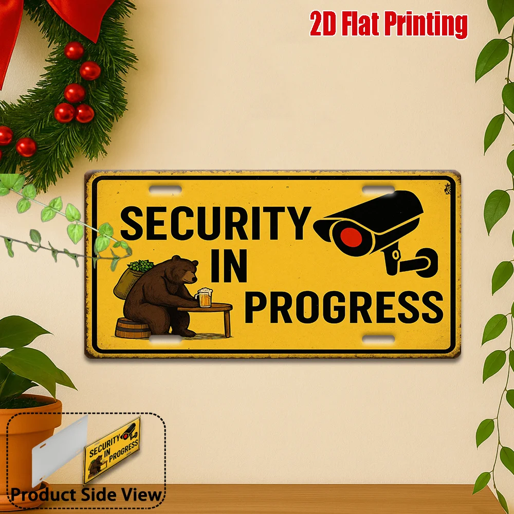 2D Flat 1pc Vintage Security In Progress Metal Sign Aluminum Mural With Bear & Security Camera, Durable For Garage, Wall Hanging