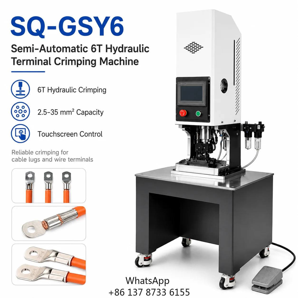 SQ-GSY6 6T Hydraulic Terminal Crimping Machine 2.5-35 Sq Mm Touch Screen 4 Dies Hydraulic Electrical Pneumatic For Cable Lug