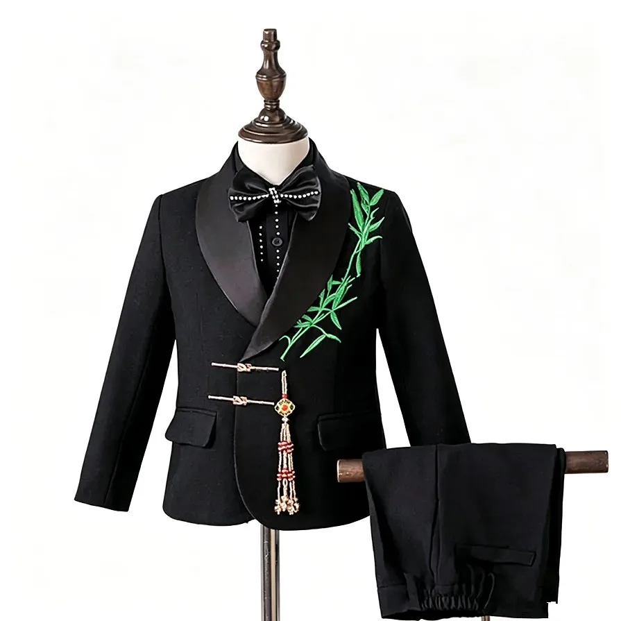 5PCS Boys Black Chinese Style Tuxedo Suit with Bamboo Embroidery And Tassel Design for Kids Wedding Show Formal Costume A4691