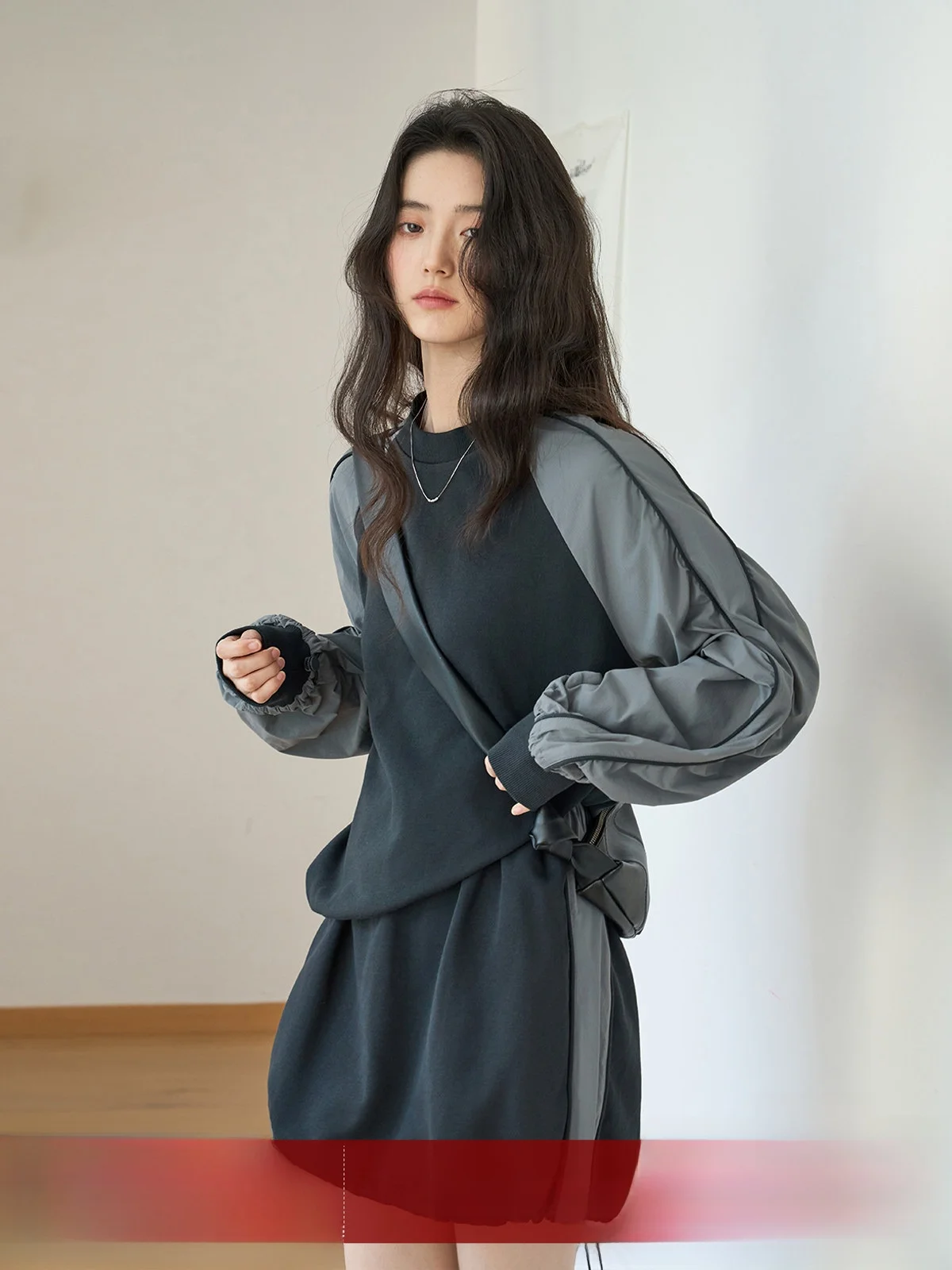 

MoZaic Deep Grey Long Sleeve round Neck Hoodie Women's Fashion Set Spring Top Half Skirt Two-Piece Set Casual Streetwear