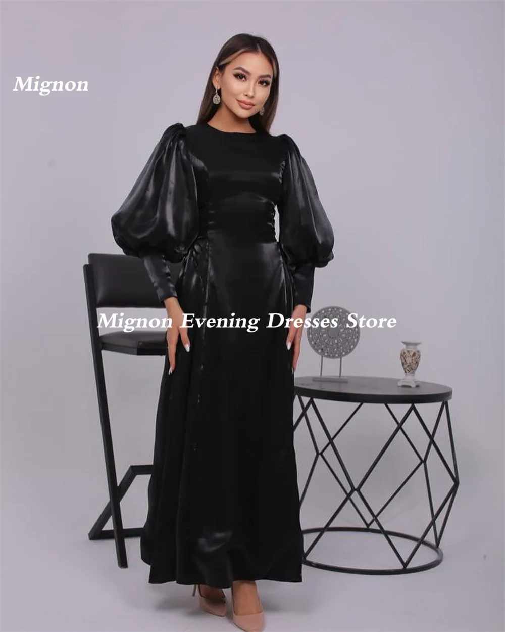 Mignon Satin A-line O-neck Ruffle Formal Prom Gown Ankle Length luxury Evening Formal Elegant Party Dress for Women 2023