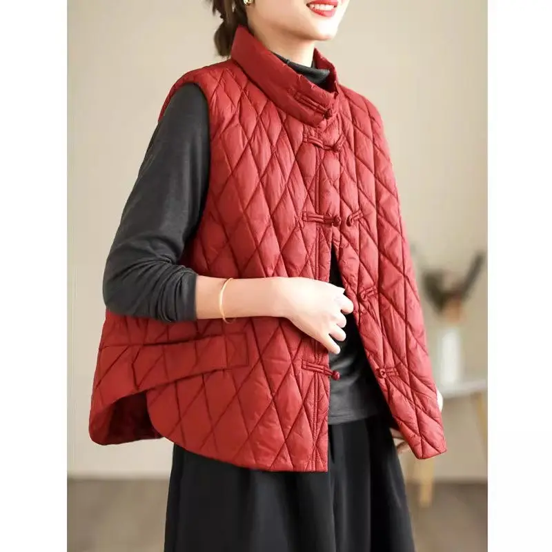 

Retro Ethnic Style Buckle Vest Warm And Versatile Sleeveless Winter Jacket Women's Asymmetric Loose Short Waistcoat Z3815