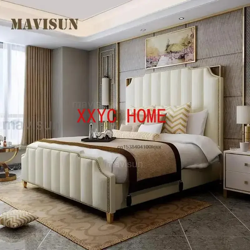 Light Luxury Double Bed For Bedroom High-end Furniture For Villa With Storage White Leather King Size Bed With 2 Nightstands