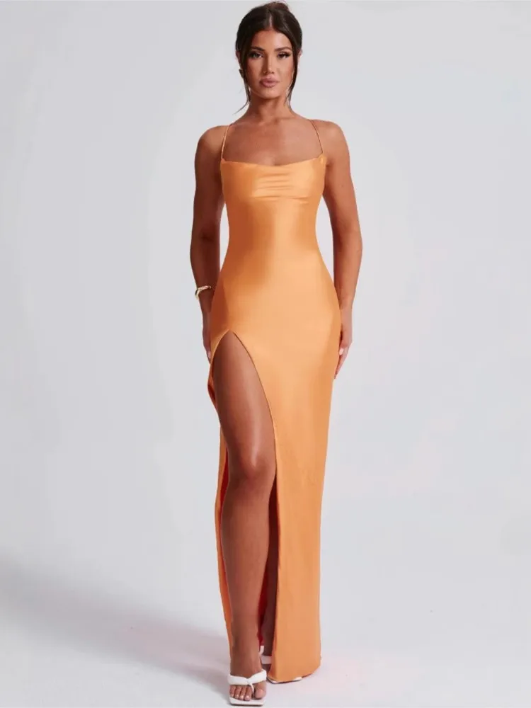 

Hot Girl Party Prom Spaghetti Strap Long Dress Streetwear Fashion Sexy Low Cut Backless Leace-up Package Hip Slit Dresses Club