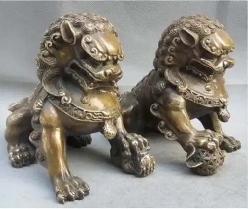 خمر الأسود البرونزية القديمة باب فنغشوي الحرس فو فو الكلاب تمثال الأسد زوج #1