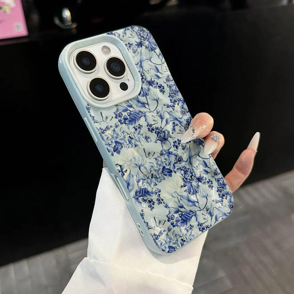 Blau-weiße Porzellan-Kunst-Handyhülle für iPhone 17 16 15 14 13 12 11 Pro Max 14 Plus 17Air Faltenwellen-Soft-Silikonhülle – Detail 2