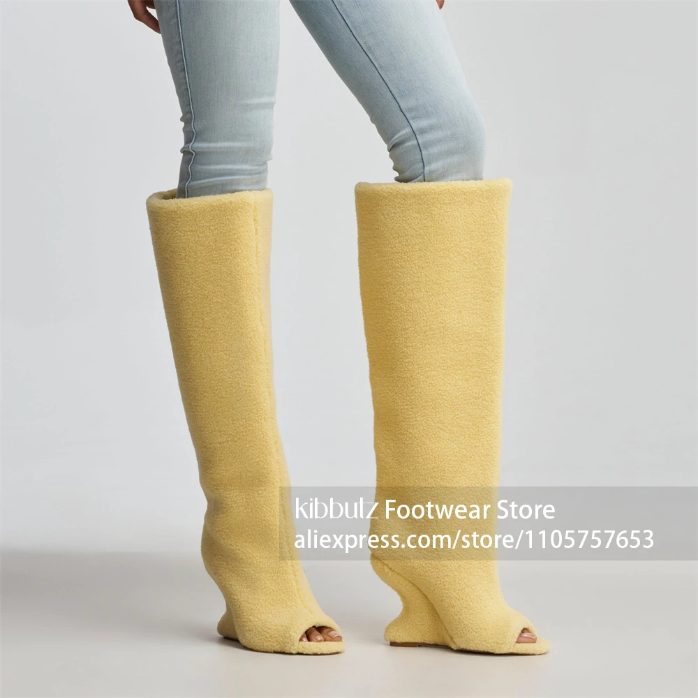 Integrated Sculptural Curved Wedge Heel Boots Slouchy Straight Tall Shaft Boots Sexy Open Toe Soft Plush Fluffy Texture Boots