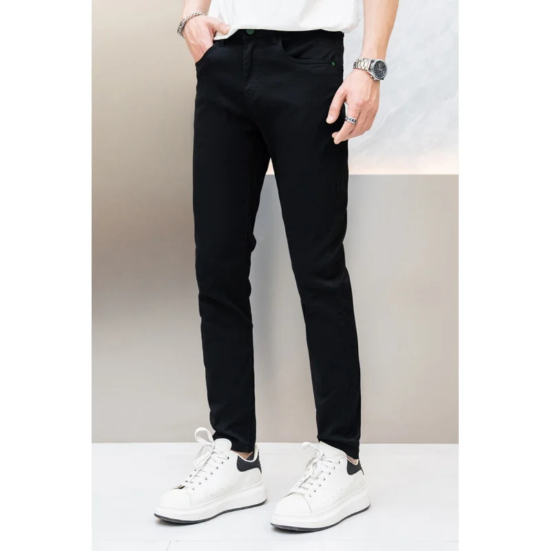 Pure black fashion business all-match jeans men's Stretch Slim fit summer thin and soft breathable skinny pants
