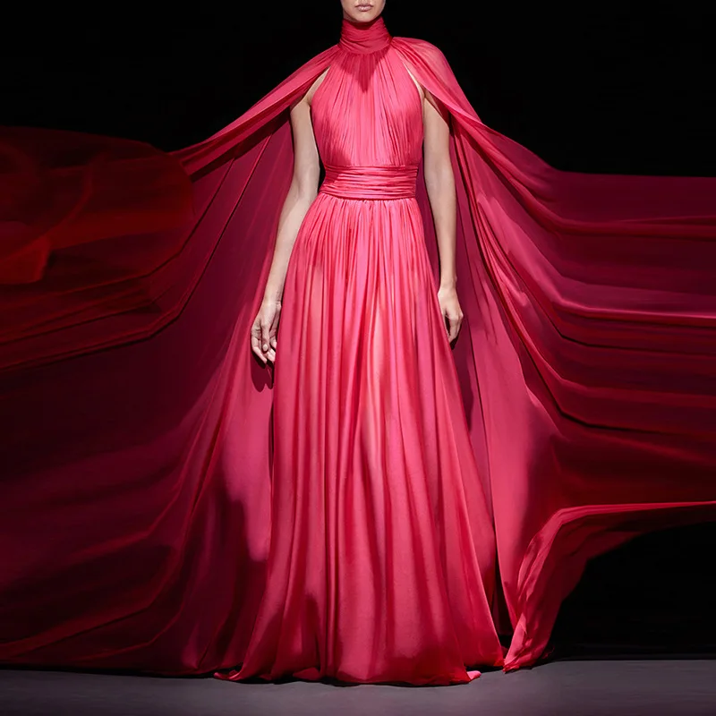 

Elegant Hot Pink High Neck Cape Chiffon Evening Dress Women Ruched Waist A Line Floor Length Formal Party Gown