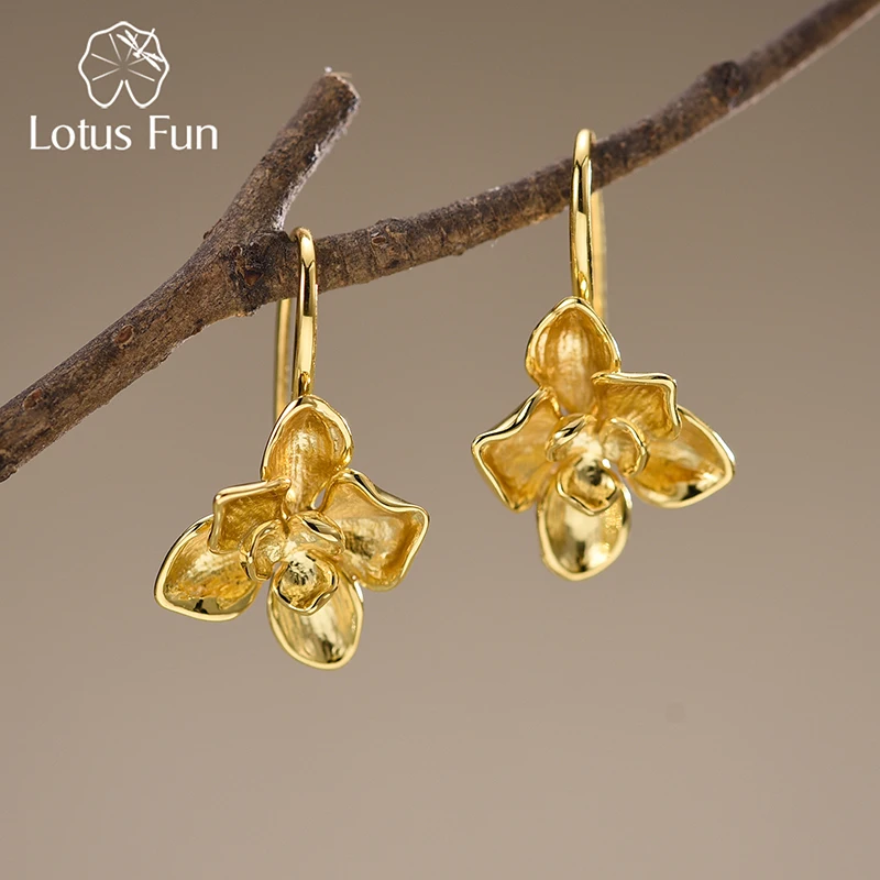 Lotus Fun Real 925 Sterling Silver Original Fashion Phalaenopsis Flower Dangle Earrings for Women Gift High Quality Fine Jewelry