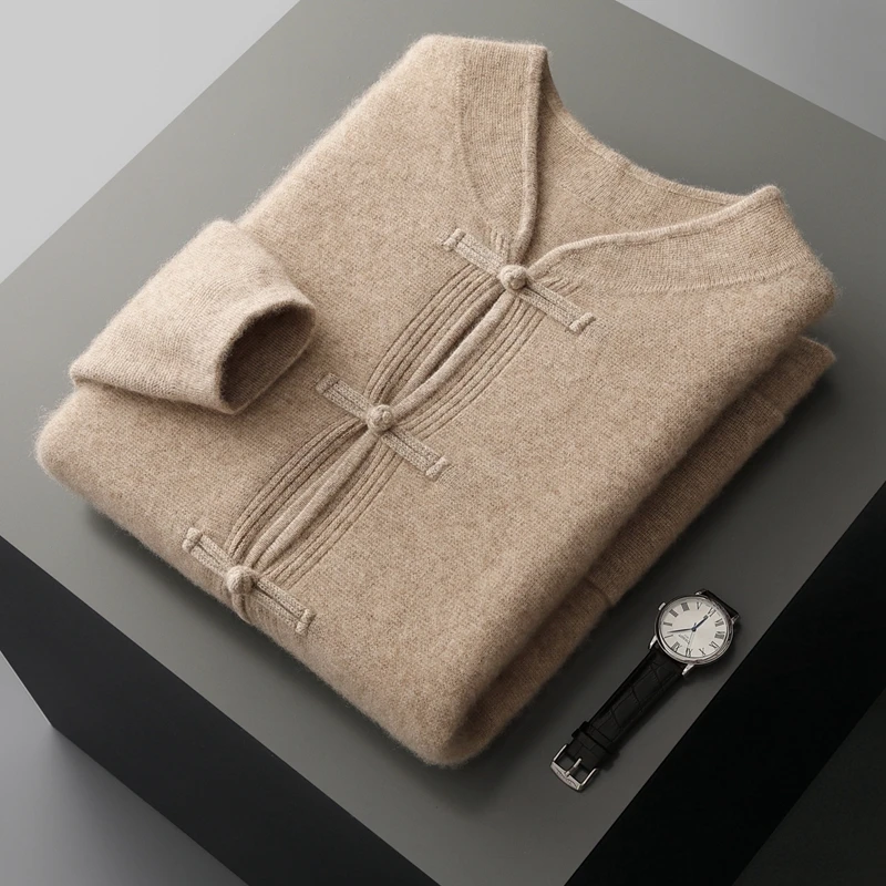 

Chinese Style Button Cardigan for Men 100% Cashmere Thick Knitwear Autumn High-end Stand Collar National Style Sweater Jacket