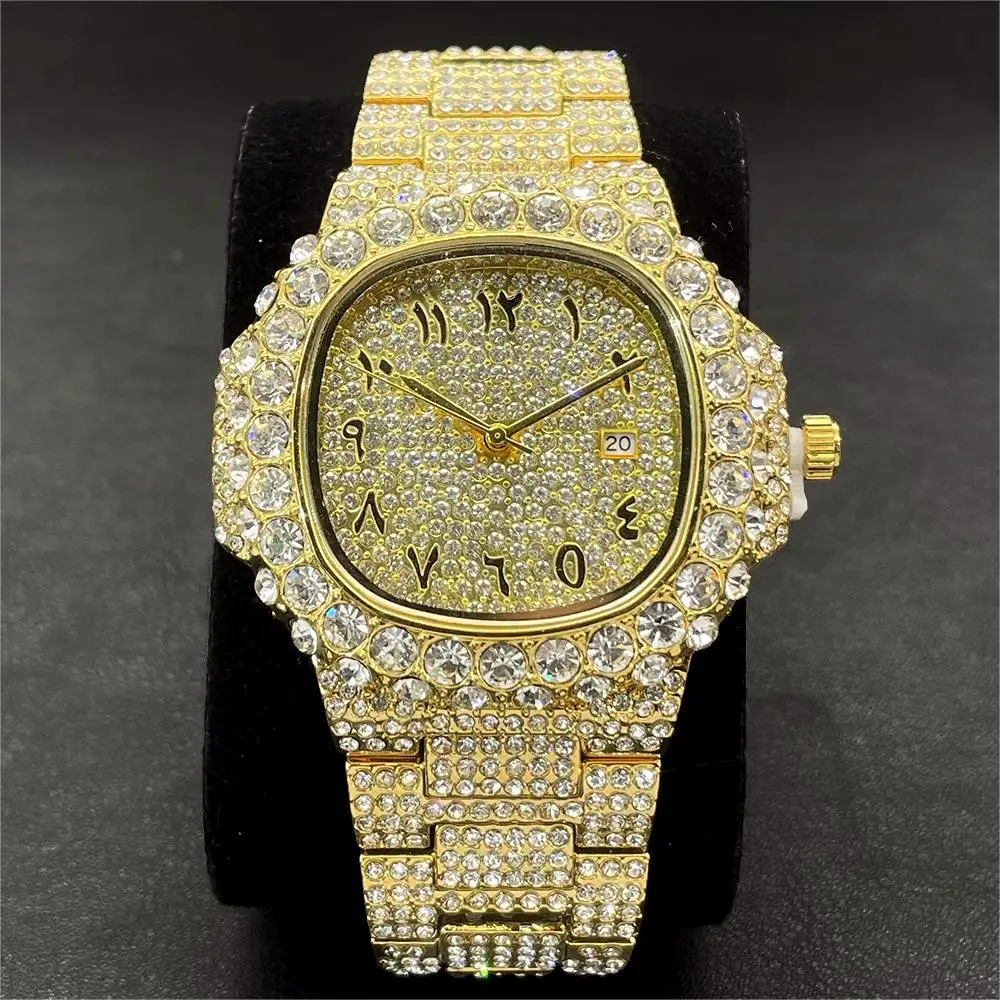 MISSFOX Iced Out Men Wristwatch Luxury Fashion Gold Quartz Watches Hip Hop High Quality Waterproof  Male Diamond Clock New Gift