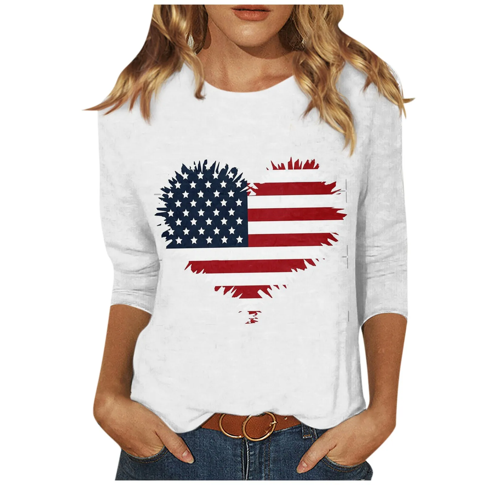 Women T Shirt American Flag Print Round Neck 3/4 Sleeve Independence Day 4th Of July Flag Tops Female Loose Patriotic T-shirts