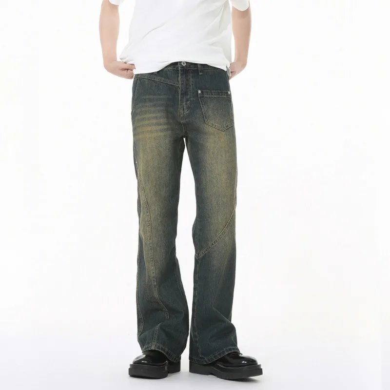 

Korean Style Men's Denim Pants Solid Color Splicing Casual Worn-out Bottom Straight Leg Slim Male Jeans Streetwear 2025
