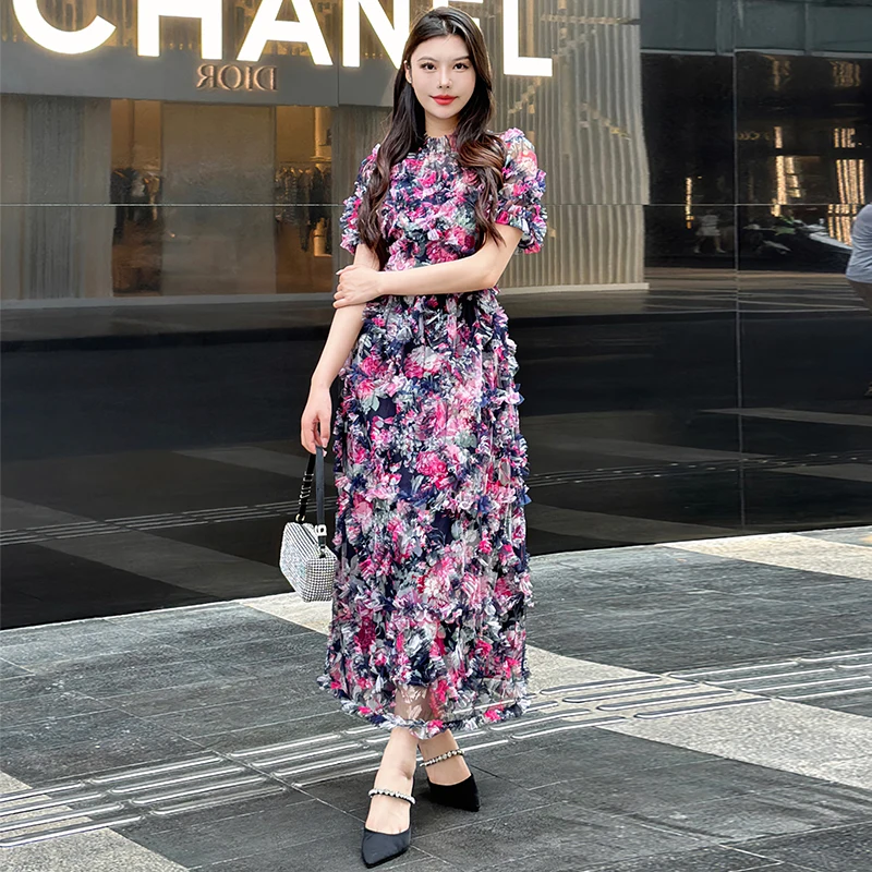 

2024 Summer New Fashion Luxury Design Sense Mesh Flower Print Dresses Women's Stand Neck Temperament Slime Fit A-line Long Dress