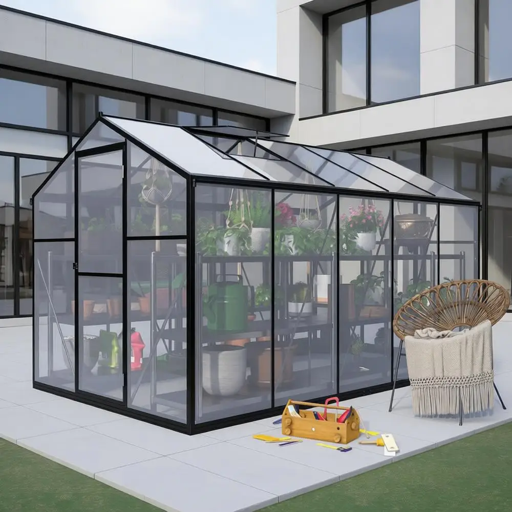 

6x10ft Lockable Greenhouse with Roof Vent, Ground Nails, and Walk-in Door for Outdoor Gardening