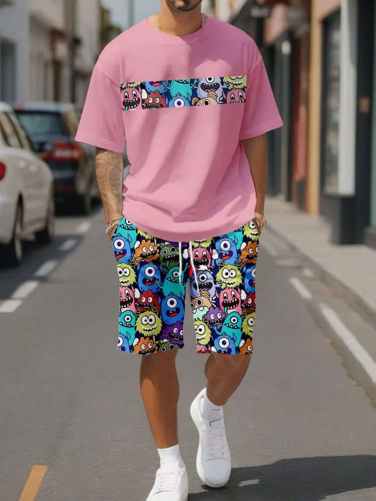 Cute Cartoon Print Summer Casual Crew-neck Men\'s Suit Urban Fashion Street Short-sleeved Top And Shorts Casual All-match Outfit