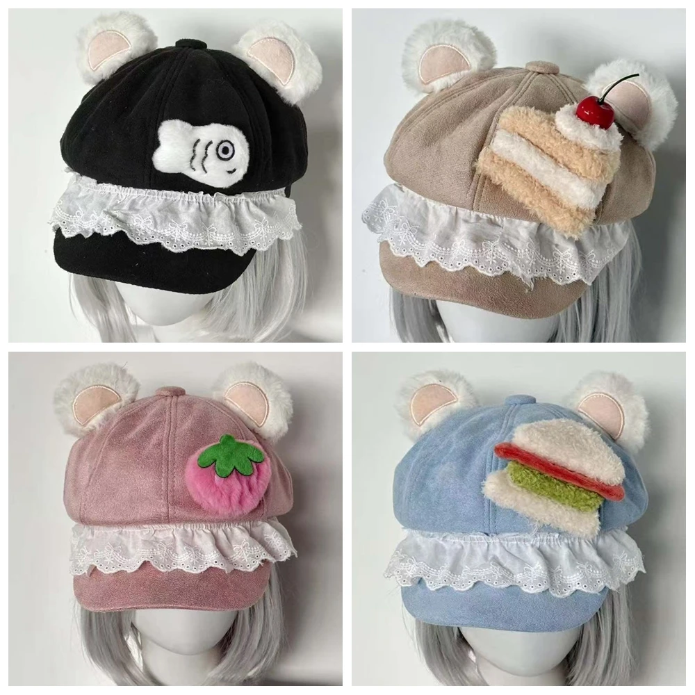 Harajuku Gothic Vrouwen Y2k Meisje Mooie Beer Oor Zoete Taart Aardbei Taart Vis Baret Hoeden Chic Streetwear Lolita Achthoekige Cap