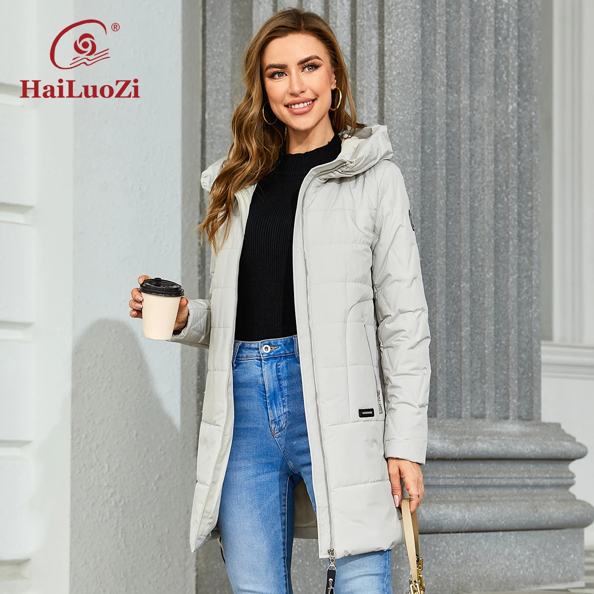 HaiLuoZi 2023 New Autumn Jacket Women Slim Parkas Mid-Long Outwear Hooded Zipper Side drawstrings Quilted Women\'s Coats 7063