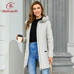 HaiLuoZi 2023 New Autumn Jacket Women Slim Parkas Mid-Long Outwear Hooded Zipper Side drawstrings Quilted Women's Coats 7063