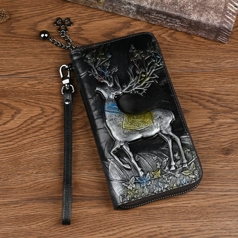 Coin Purse Top Grain Cowhide Long Wallet Deer Head Embossed Clutch Bag Multi Card Retro Card Holder Wallet Retro Leather