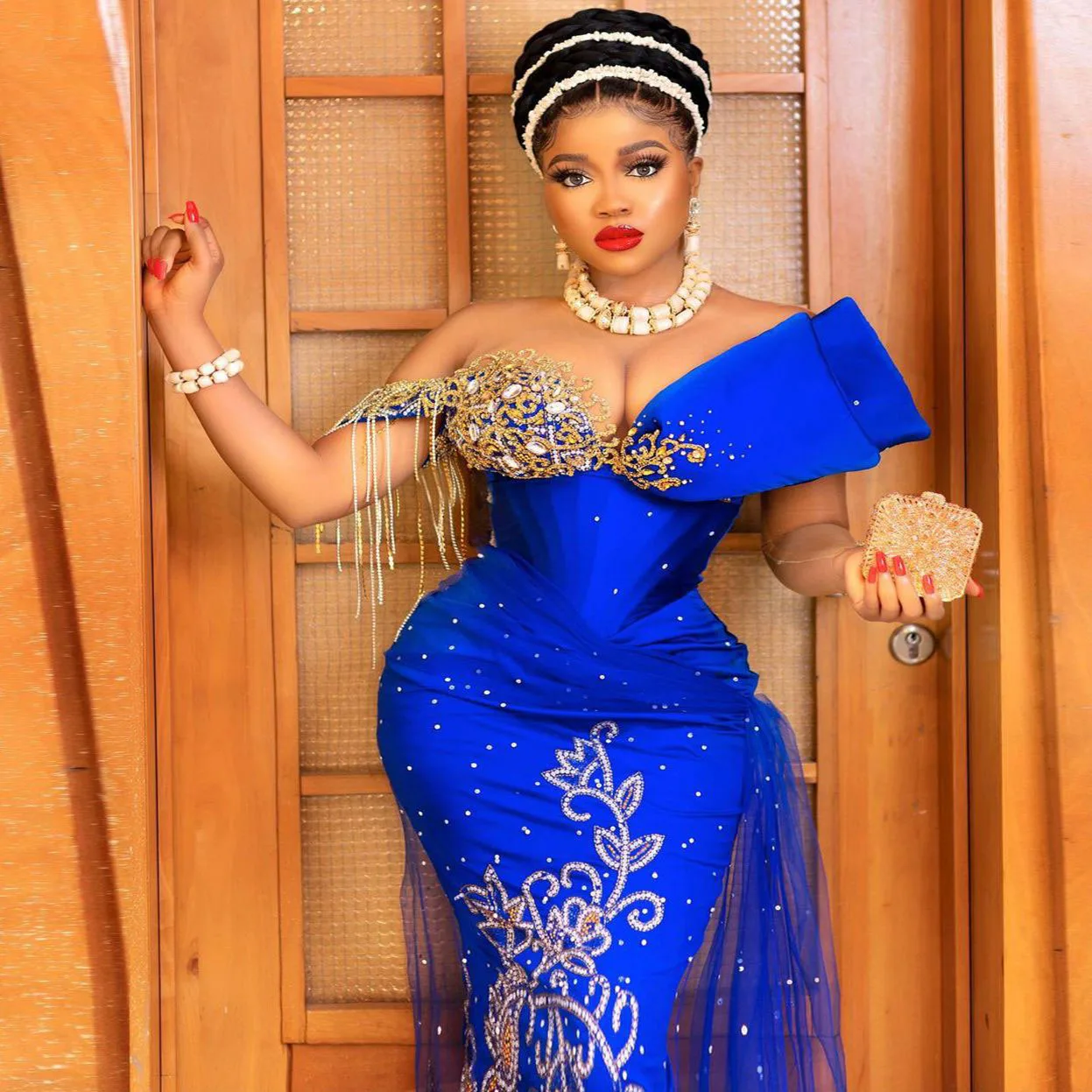 Royal Blue Nigeria Prom Dresses Luxury One Shouder Sheer Neck Major Beadings Tasseles Mermaid Evening Dress Celebrity Gowns