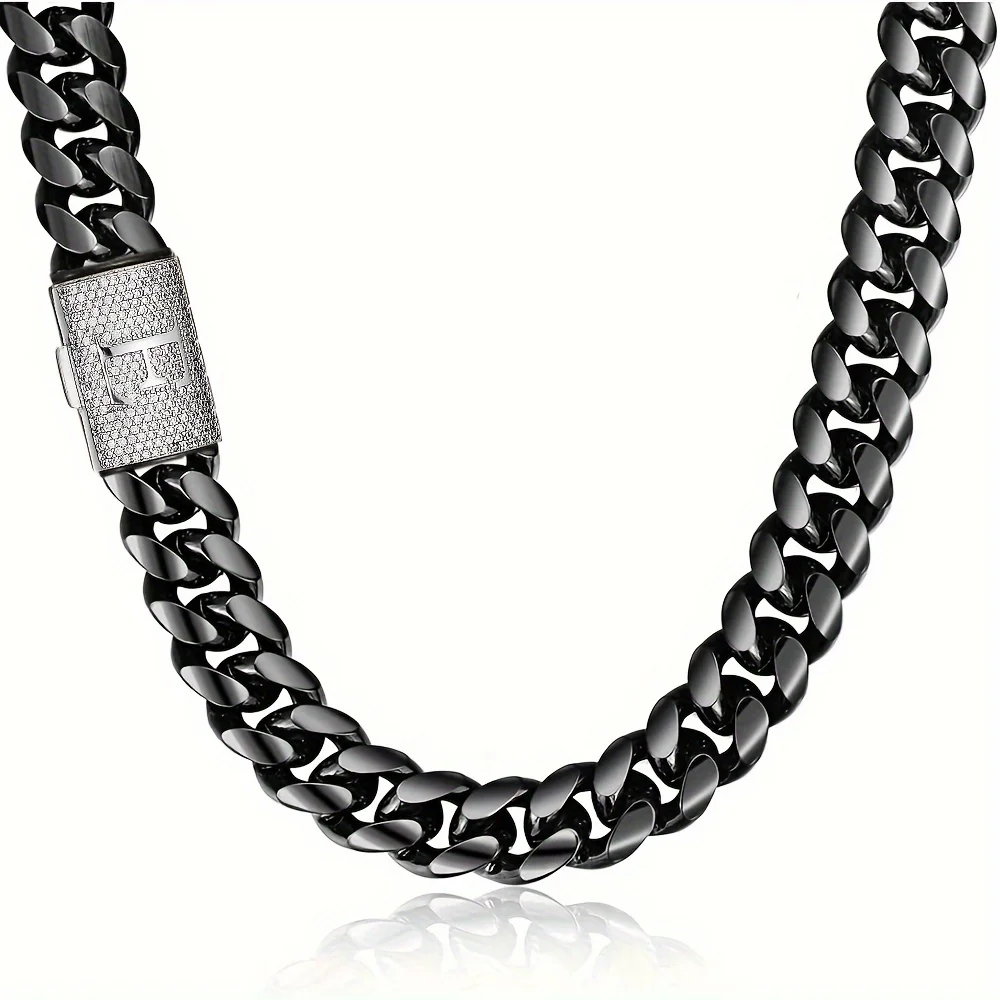 

1pc Miami Cuban Link Chain For Men Hip Hop Jewelry Black Stainless Steel Cut Faux Initial Letter" E" Silvery Buckle Necklace