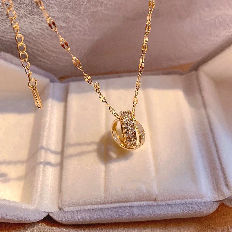 Stainless Steel Zircon Trendy Exquisite Double Ring Round Chain Necklace for Women Girl High Quality Pendant Jewelry AAA