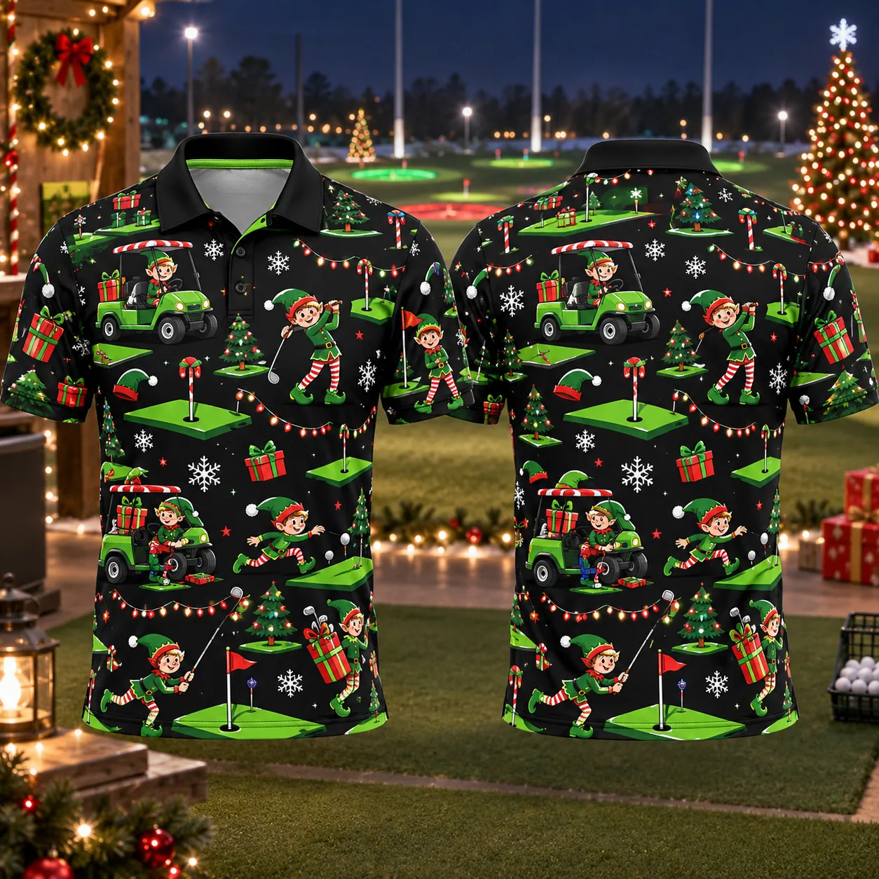 Men's Christmas Golf Polo Shirt Elf Golf Cart 3D All Over Print Short Sleeve Holiday Party Top