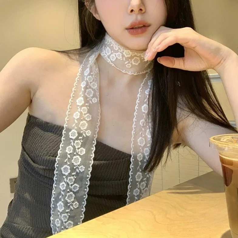 

Spring Summer Korean Elegant White Flower Scarf Women Premium Embroidery Lace Belt Versatile Long Ribbon