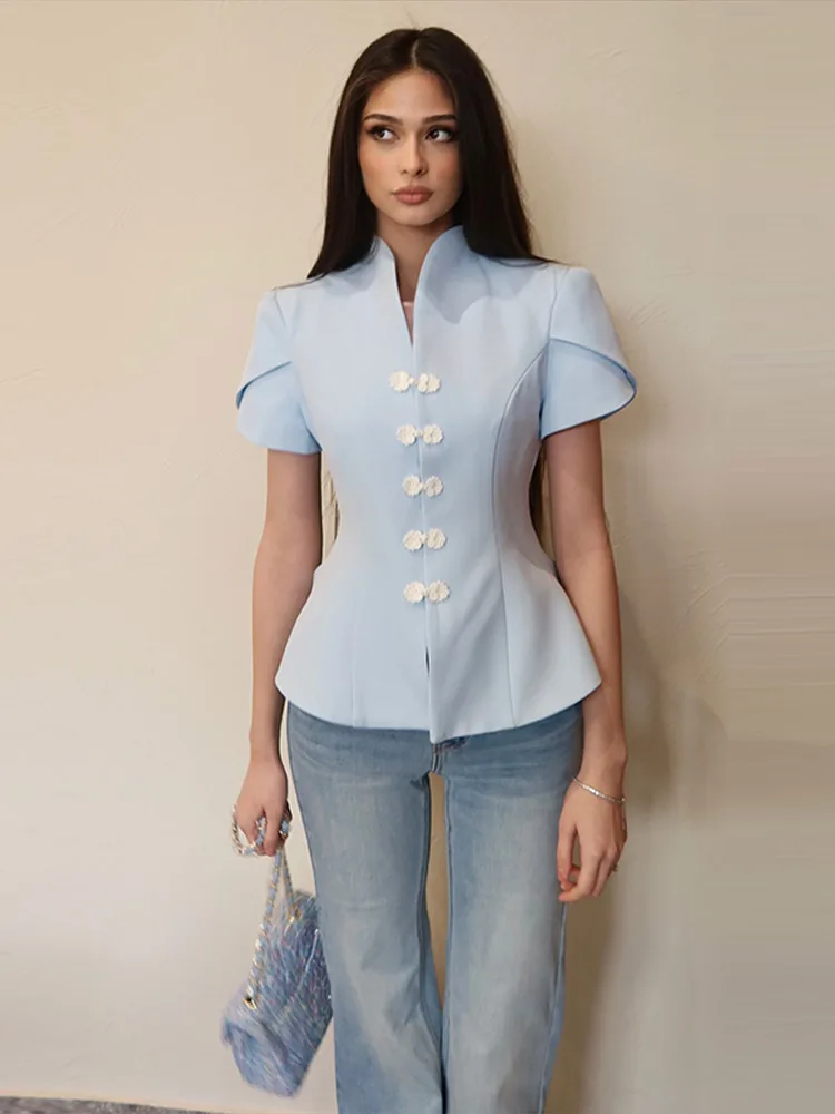 Puffärmel-Oberteil mit Froschknöpfen und Taillenschnürung für Damen, Vintage-Stehkragen, Kurze Ärmel, Rüschen, Schlankes Top, Modische Damenmode, Neue Streetwear – Detail 23