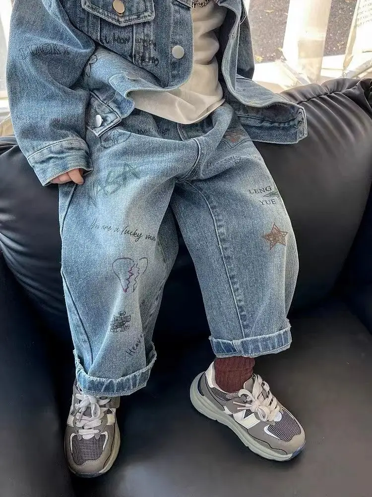 Baby Boys Denim Children Denim Coat Spring Autumn Kids Fashion Girls Jean casual Letter Blue Jacket+Pants 2Pcs Set Streetwear