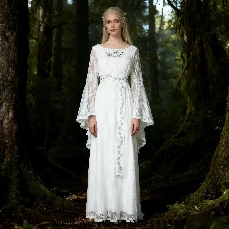 Disguise Elf Queen Galadriel Cosplay Medieval Vintage White Court Gown Magic Movie Ring Costume Women and Elven Ear Props